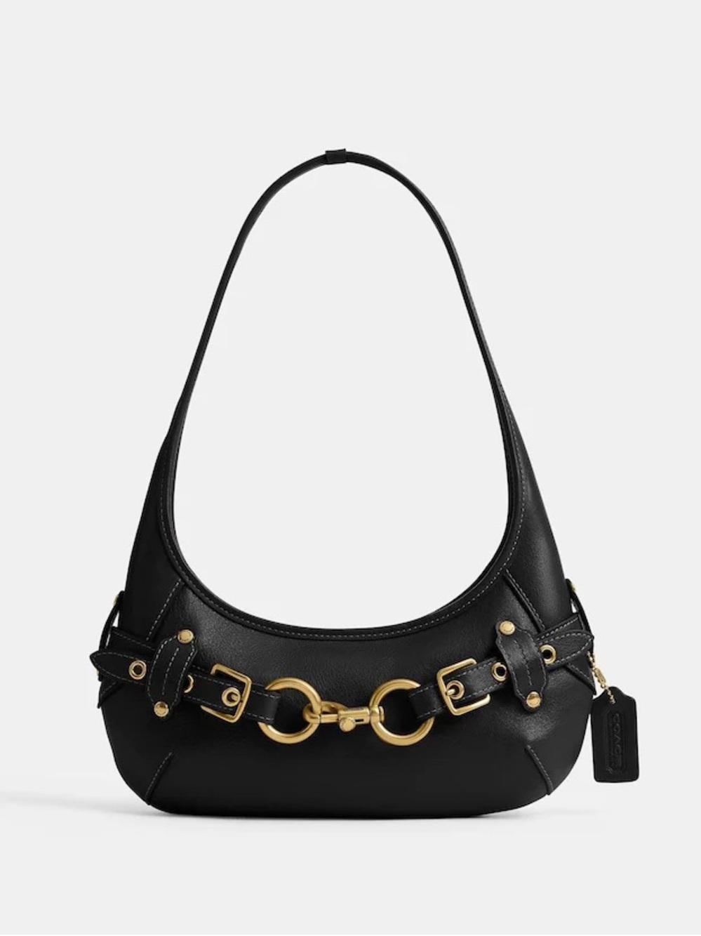 Coach Belted Ergo Shoulder Bag 26 in Brass/Black Shiny Natural Grain Leather NWT